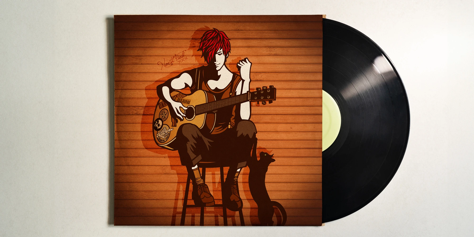 イラスト作品「黒猫とギター」